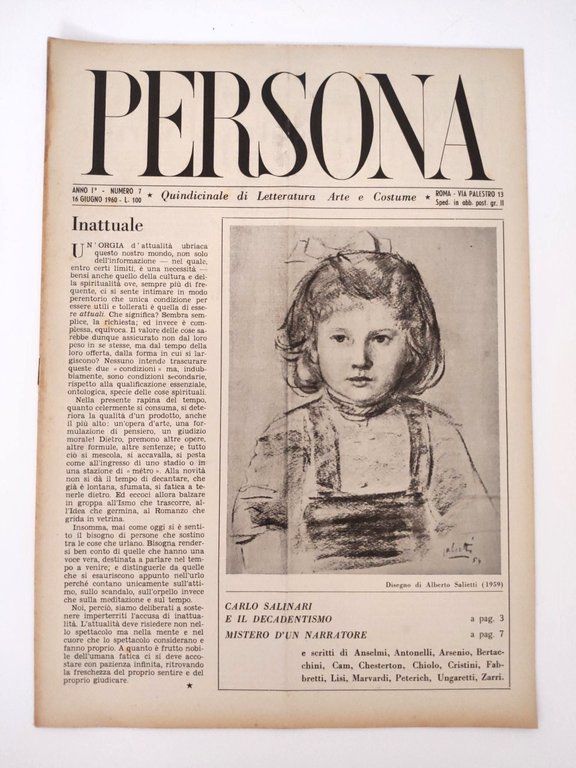 Rivista d'epoca "PERSONA" Anno I n. 7 1960 quindicinale di …