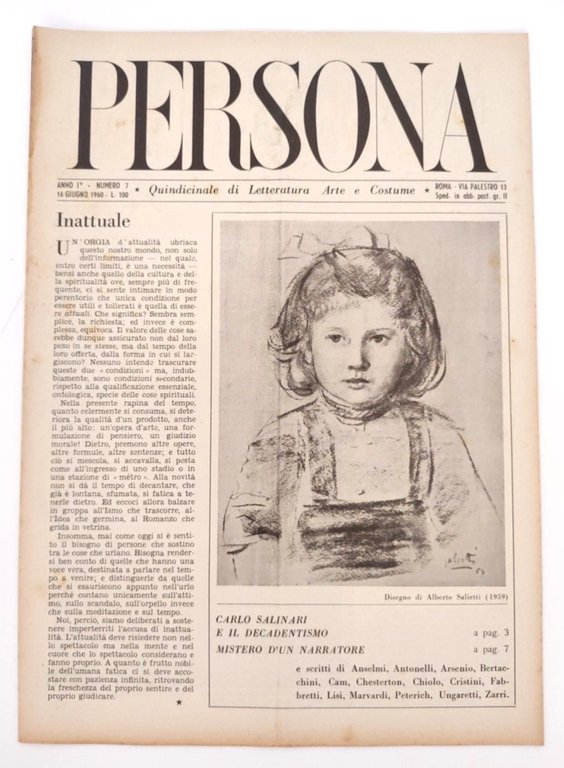 Rivista d'epoca "PERSONA" Anno I n. 7 1960 quindicinale di …