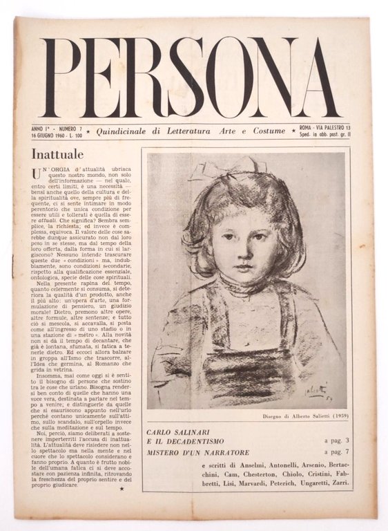 Rivista d'epoca "PERSONA" Anno I n. 7 1960 quindicinale di …