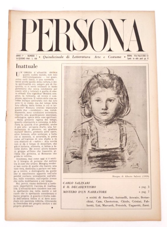 Rivista d'epoca "PERSONA" Anno I n. 7 1960 quindicinale di …