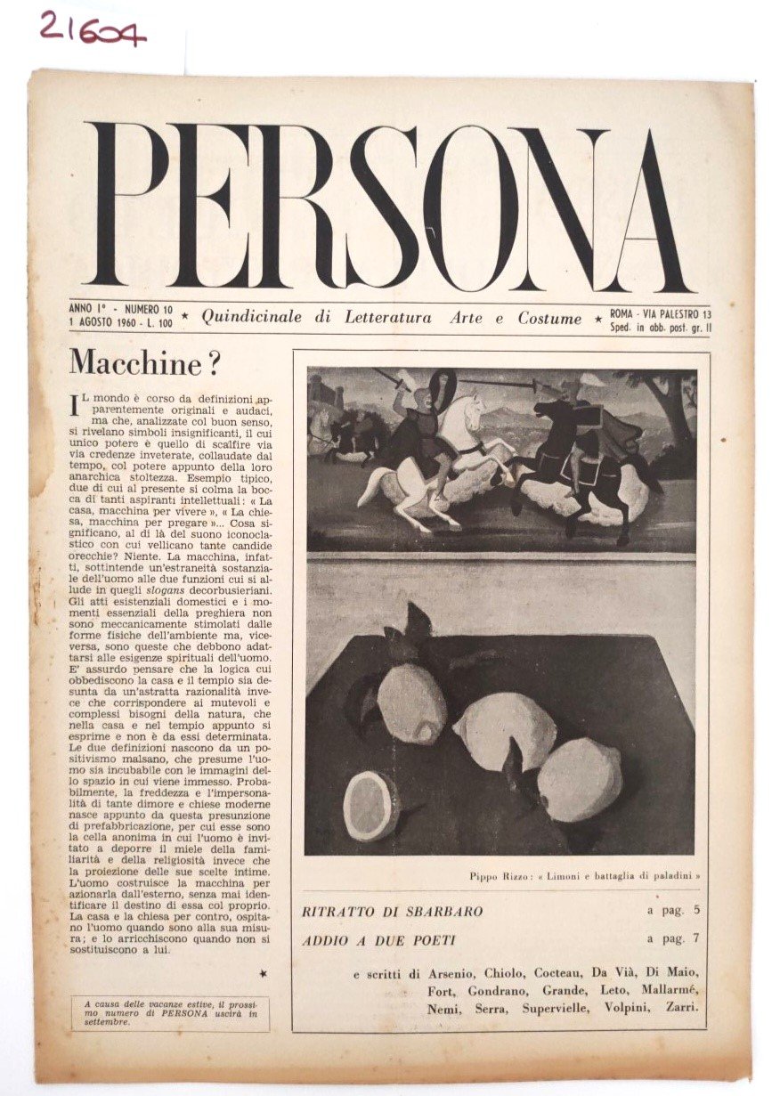 Rivista PERSONA Anno I, N. 10 1° Agosto 1960 quindicinale …