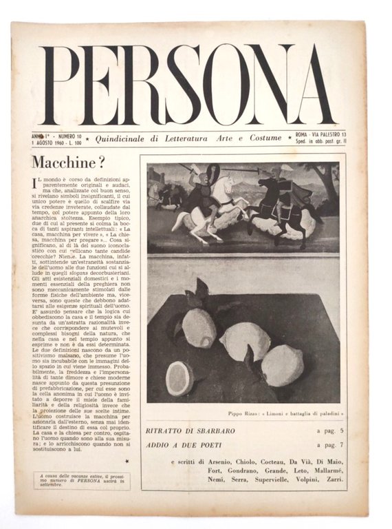 Rivista PERSONA Anno I, N. 10 1° Agosto 1960 quindicinale …