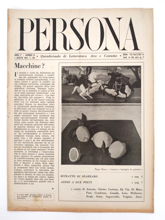 Rivista PERSONA Anno I, N. 10 1° Agosto 1960 quindicinale …