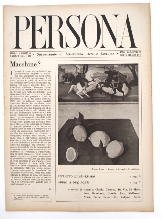 Rivista PERSONA Anno I, N. 10 1° Agosto 1960 quindicinale …