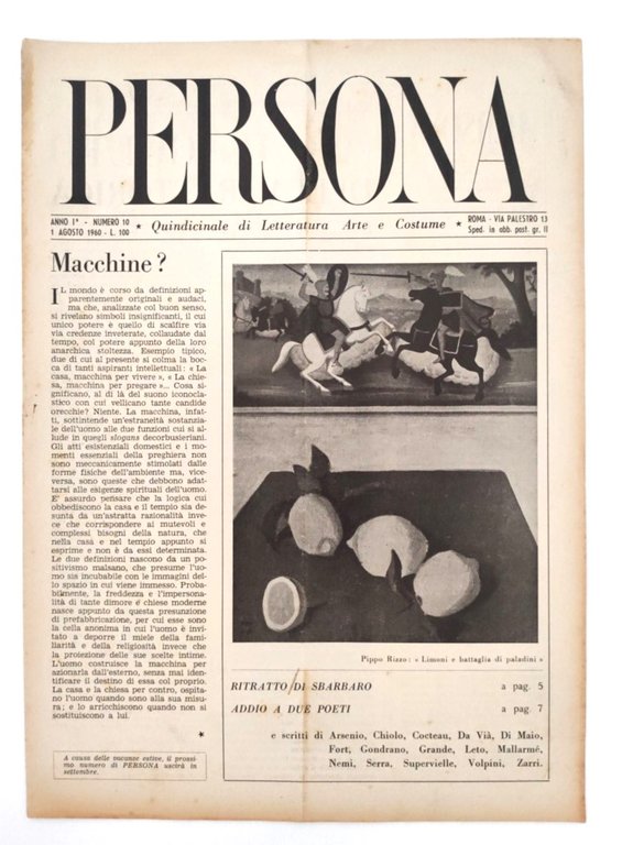 Rivista PERSONA Anno I, N. 10 1° Agosto 1960 quindicinale …