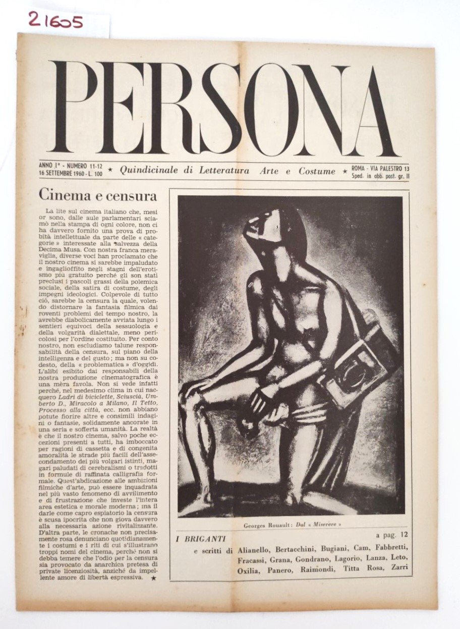 Rivista Persona Anno I N 11-12 Settembre 1960 Arte e …