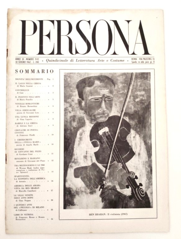 Rivista Persona Anno III N 11-12 Giugno 1962 Arte e …