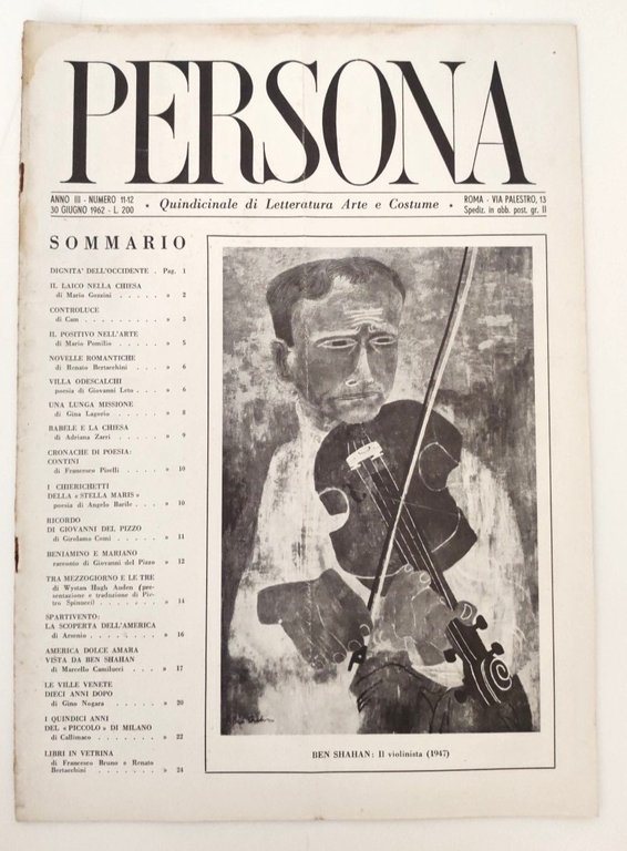 Rivista Persona Anno III N 11-12 Giugno 1962 Arte e …
