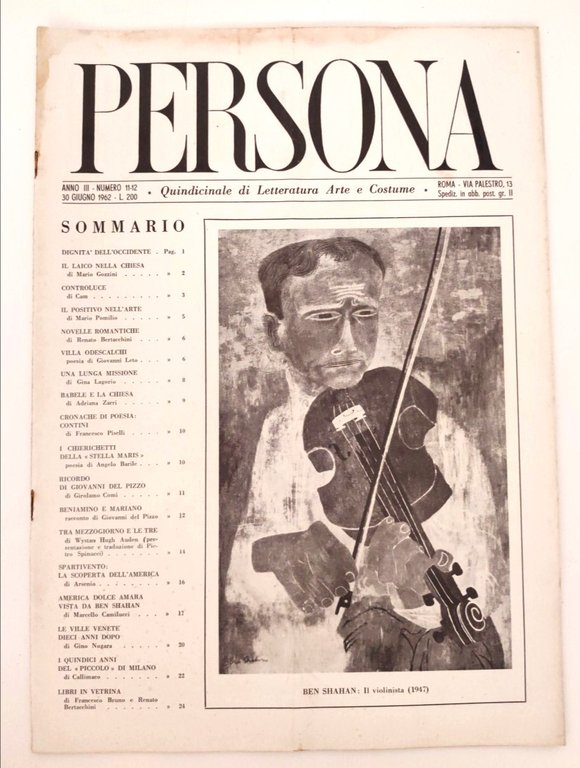 Rivista Persona Anno III N 11-12 Giugno 1962 Arte e …