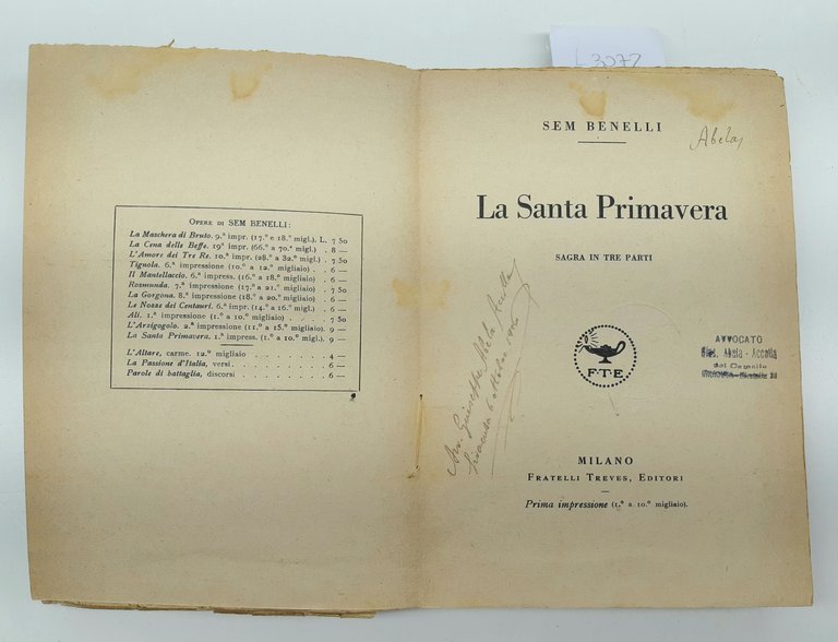 S. Benelli La Santa Primavera 1° impressione 1923 Treves Abela …