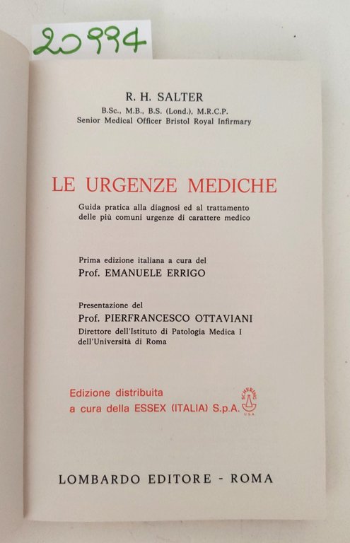 Salter Le urgenze mediche Lombardo editore 1974