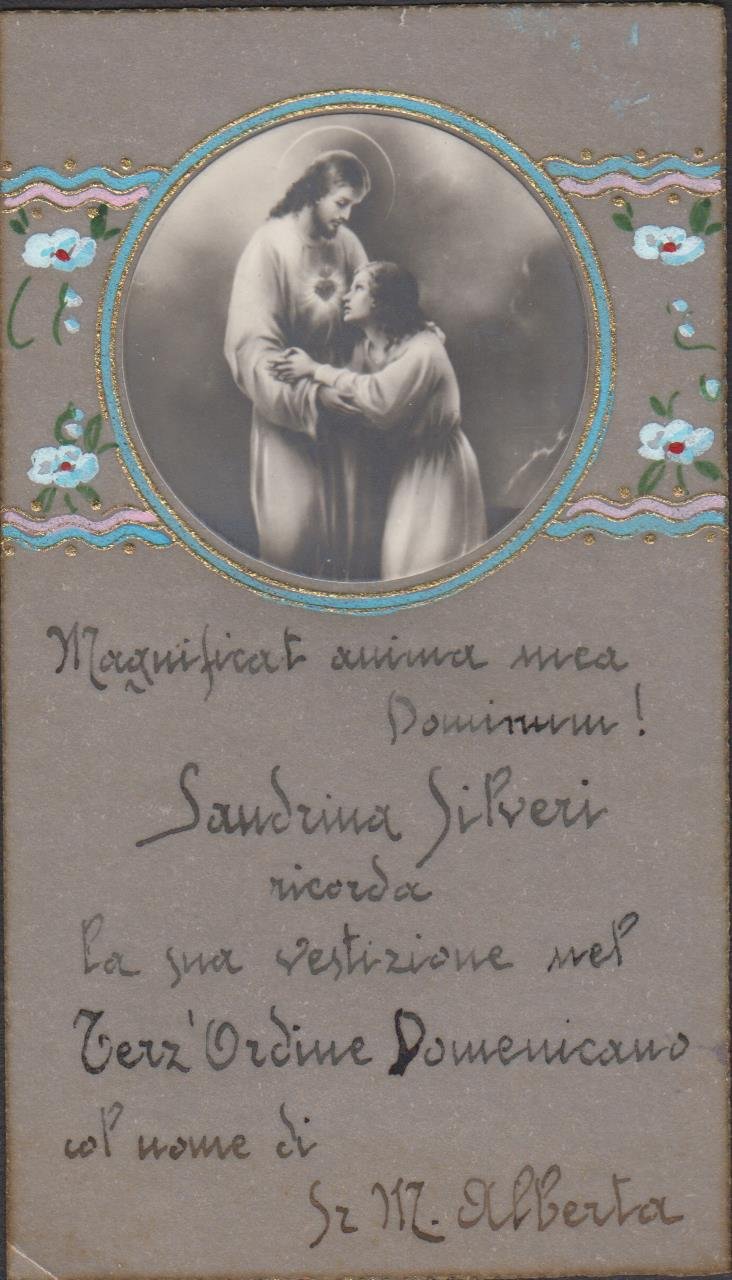 Santino Canivet Holy card Vestizione terz'ordine domenicano pergamena 1900 c.a.