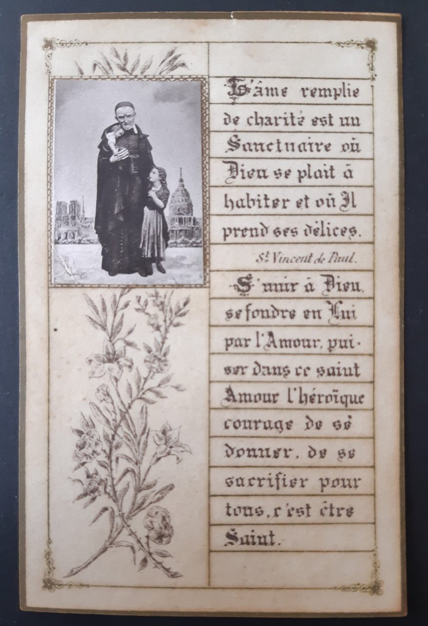 Santino carta pergamena San Vincenzo de Paoli immagine applicata