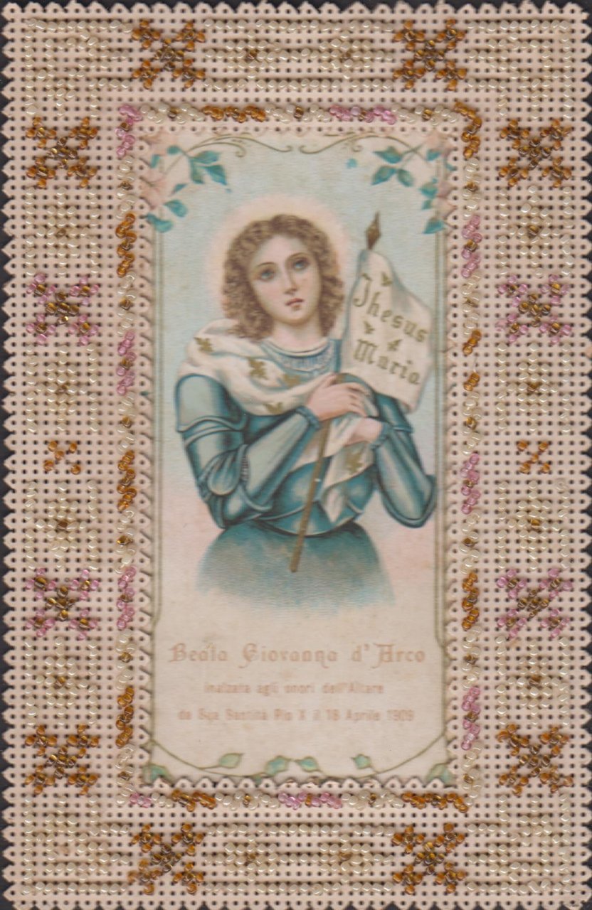 Santino manufatto merlettato ricamato con perline Beata Giovanna D'Arco 1909 …
