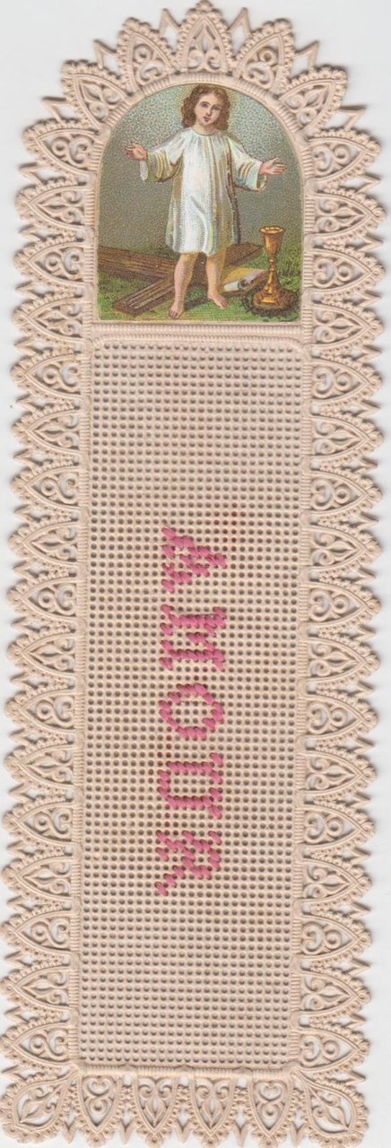 Santino merlettato manufatto Gesù bambino ricamato holy card