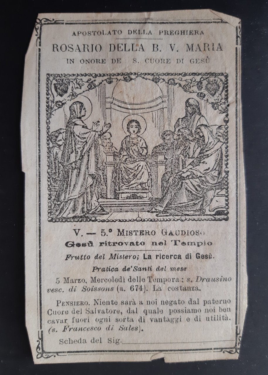 Santino Rosario della Beata Vergine Maria 5° mistero gaudioso 1884