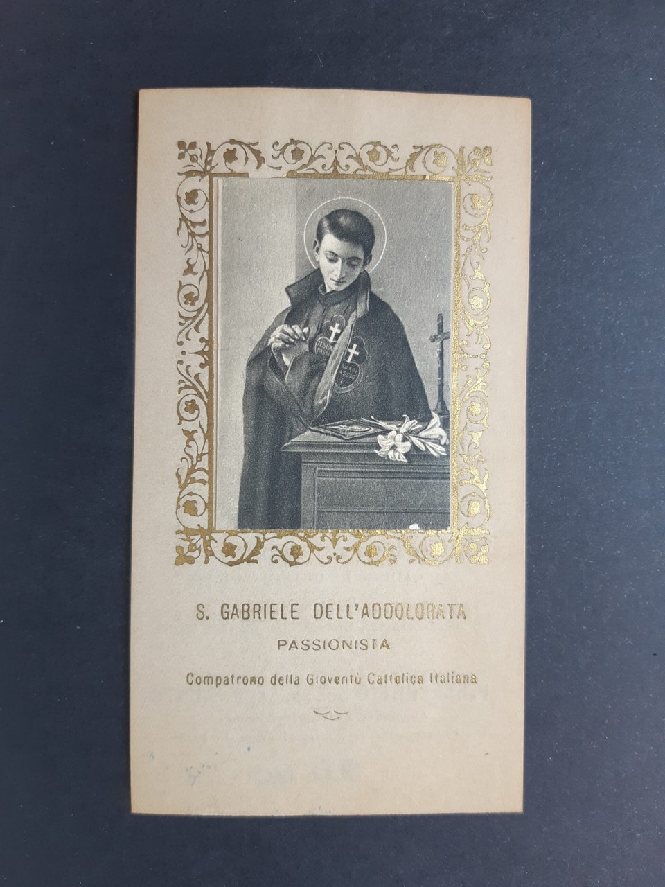 Santino S. Gabriele dell'Addolorata Passionista 1935 con immagine applicata cromolito