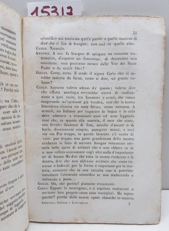 Scienza e letteratura Dialoghi tre di Giuseppe Ambrosoli Vallardi 1860