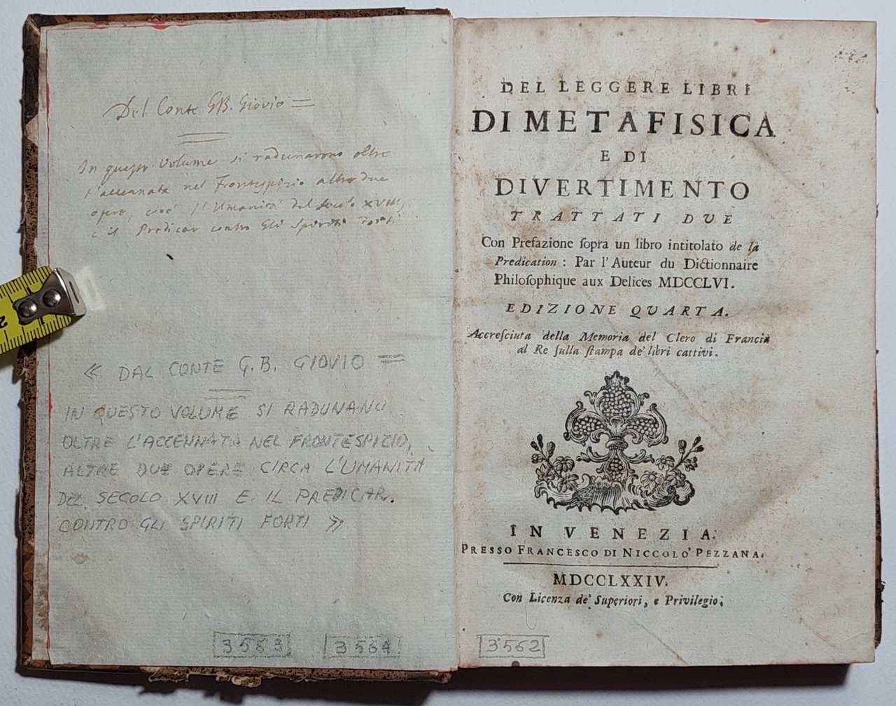 Settecentina Del leggere libri di metafisica + altre 2 opere …