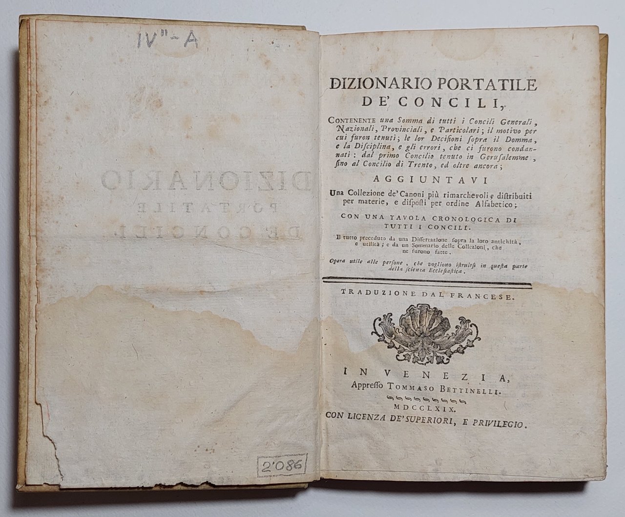 Settecentina Libro antico Dizionario portatile de' concili Venezia 1769