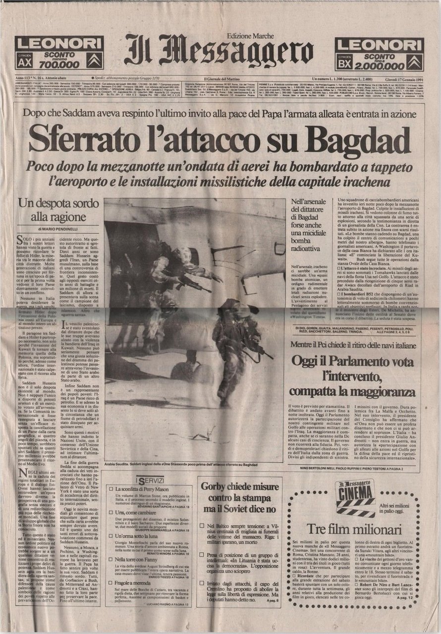 Sferrato L'attacco Su Bagdad-Guerra Del Golfo-Messaggero-17 Gennaio 1991-L1413