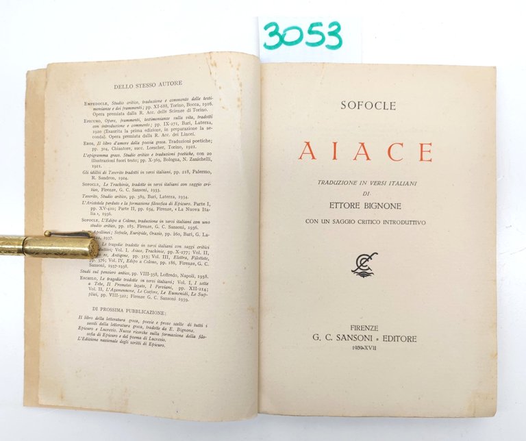 Sofocle Aiace Trad. Ettore Bignone Sansoni Editore 1939