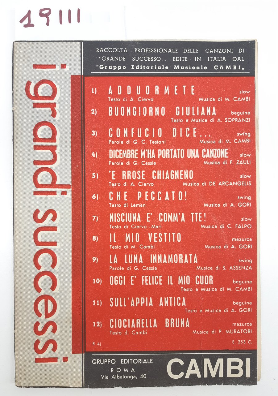 Spartito I Grandi Successi Gruppo Editoriale Cambi 1956