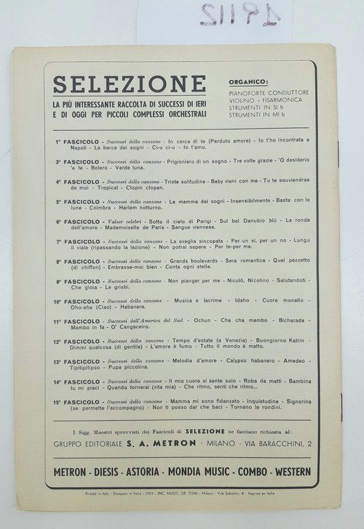 Spartito Selezione dei successi della canzone italiana Medtron 1959