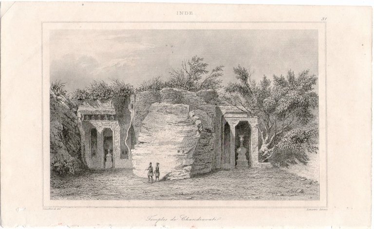 Stampa antica Old print India tempio di Chandravati Lemaitre 1841