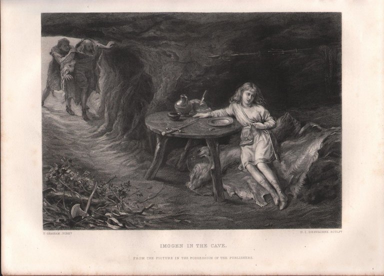 Stampa Antica Originale Imogen In The Cave-T.Graham Pittore-1875