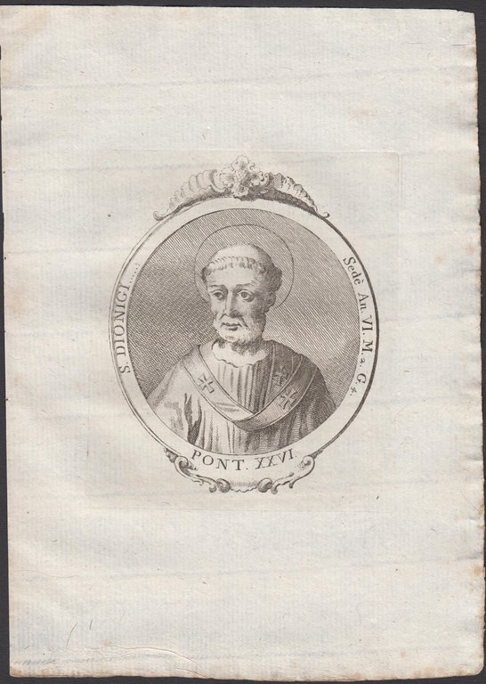 Stampa incisione Papa S. Dionigi Pont. XXVI 1775 inc. G. …