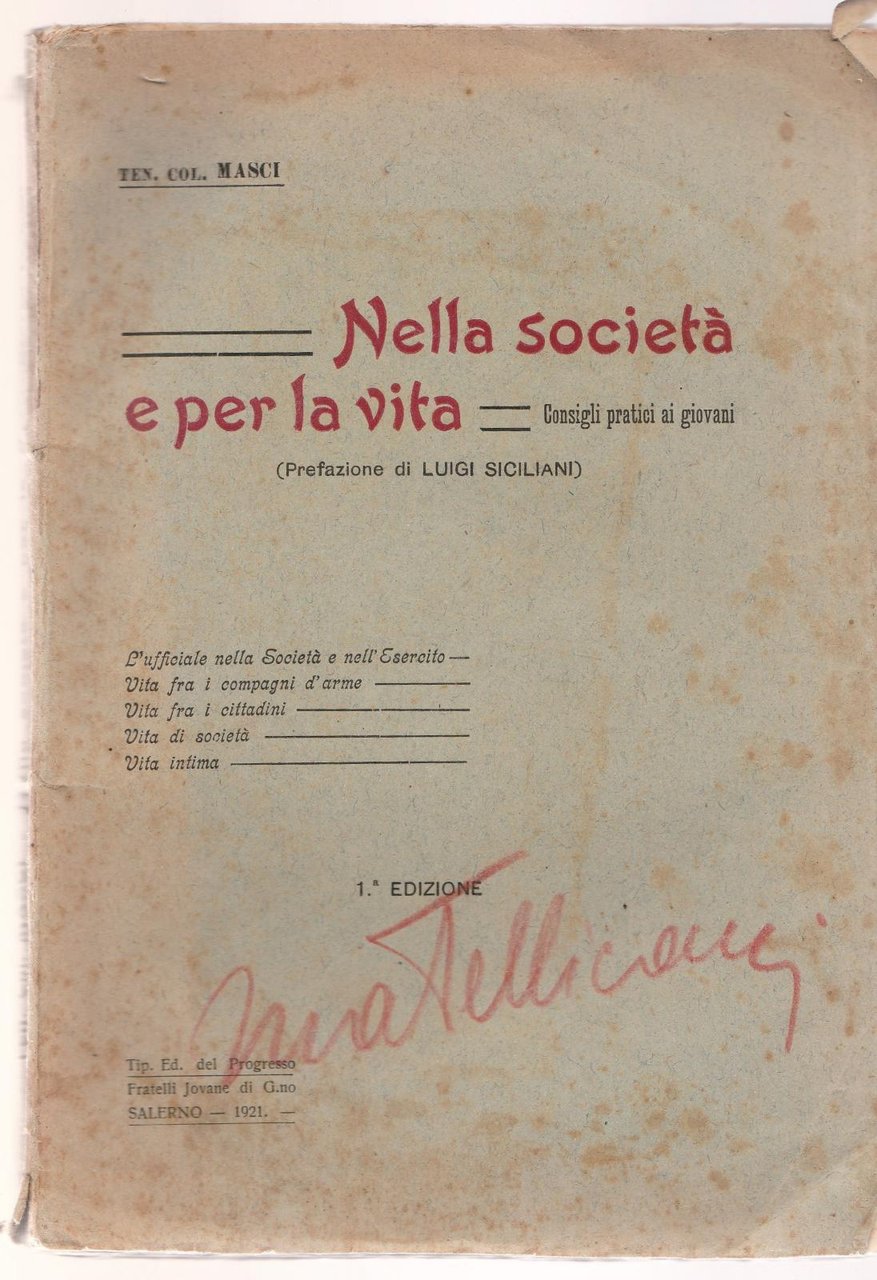 Ten. Col. Masci-Nella Societa' E Per La Vita 1∞ Edizione …