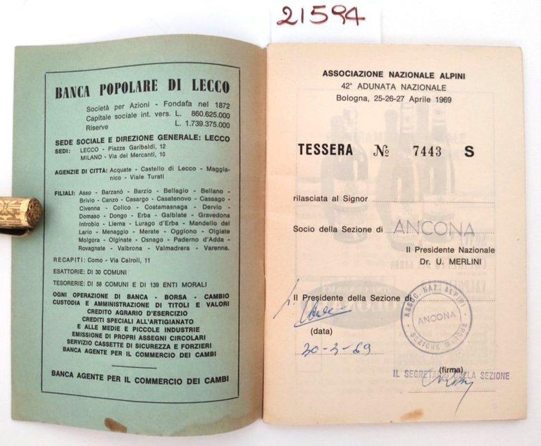 Tessera associazione nazionale alpini 42° adunata Bologna 1969