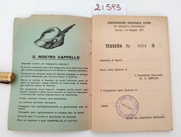 Tessera associazione nazionale alpini 44° adunata nazionale Cuneo 1971