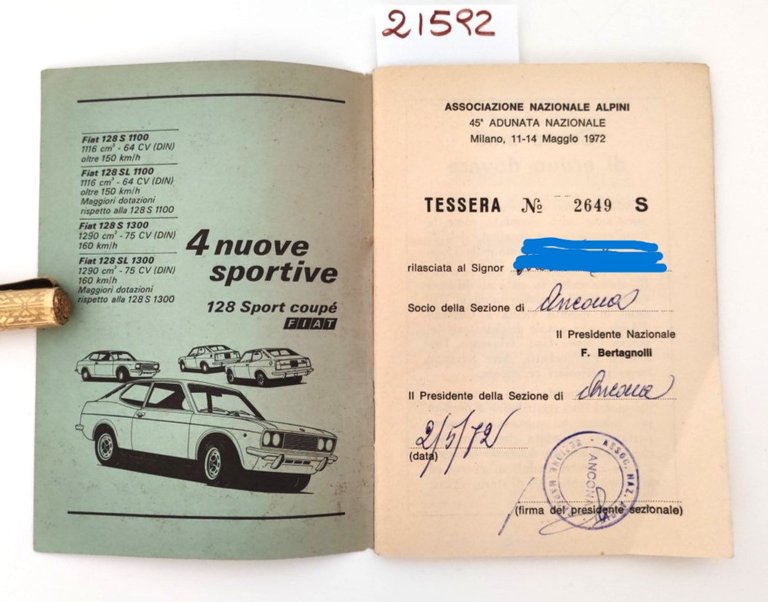 Tessera associazione nazionale alpini 45° adunata Milano 1972