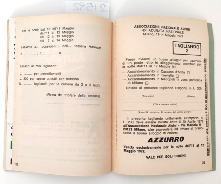 Tessera associazione nazionale alpini 45° adunata Milano 1972