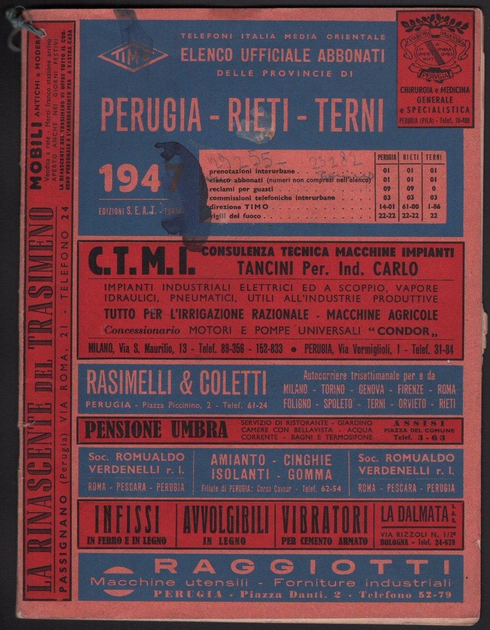 Timo-Elenco Telefonico-Perugia-Rieti-Terni-Foligno-Spoleto-Assisi-1947-L 4551