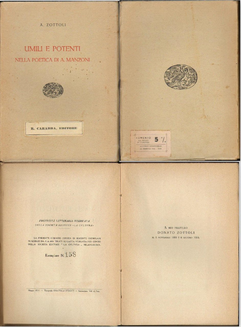 Umili E Potenti Nella Poetica Di A.Manzoni-1931 1∞ Ed.Placchetta Carabba …