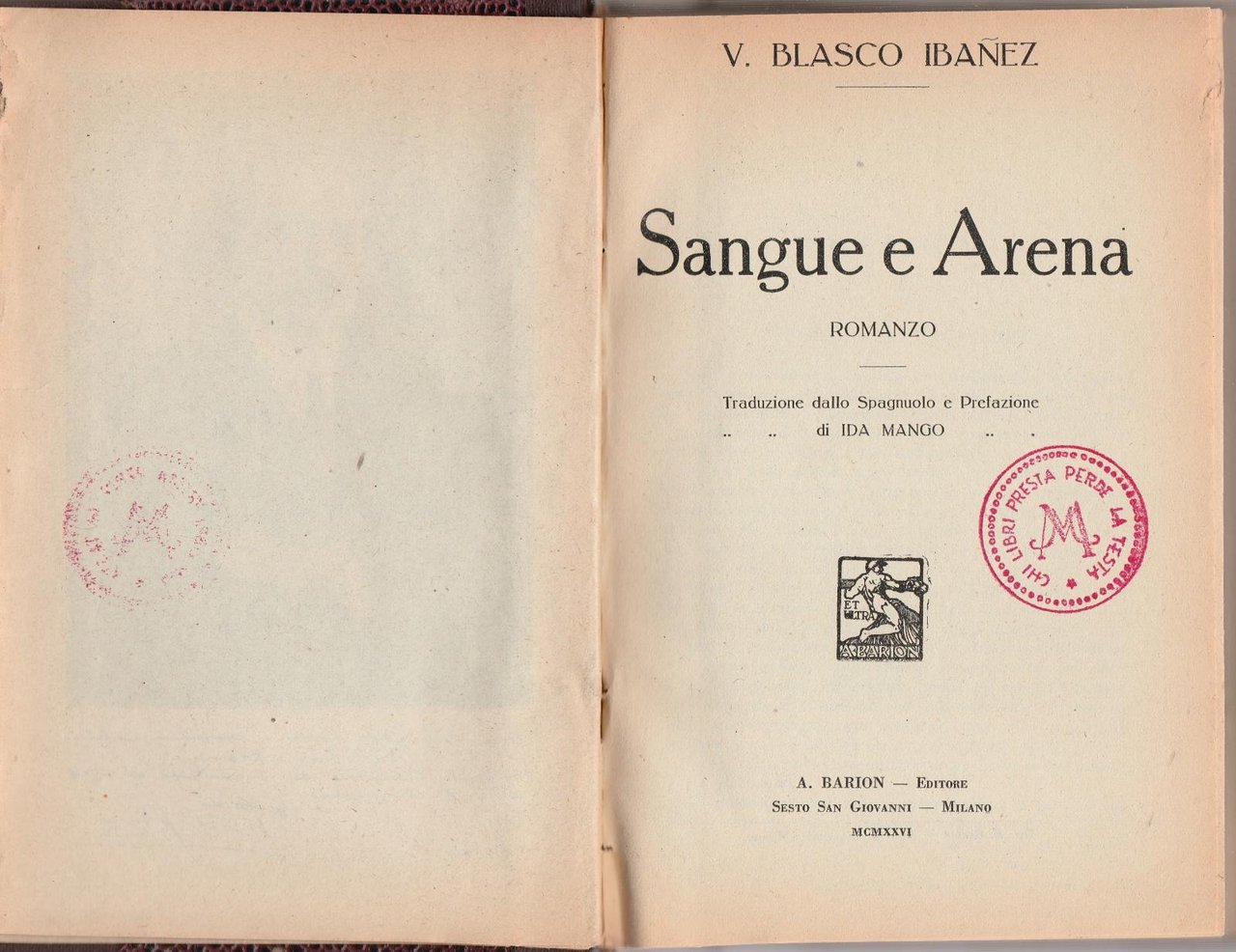 V. Blasco Ibanez Sangue E Arena Ed. Barion 1926 L5721