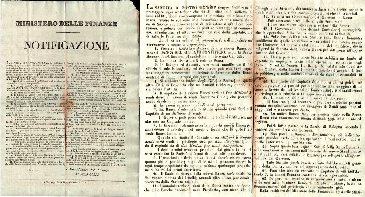 Stato Pontificio-Primo Bando Sulla Costituzione Della Banca-Aprile 1850