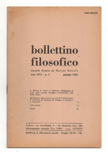 BOLLETTINO FILOSOFICO. ANNO XVI. MENSILE DIRETTO DA MARINO GENTILE