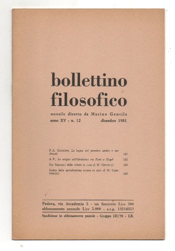 BOLLETTINO FILOSOFICO. ANNO XV. MENSILE DIRETTO DA MARINO GENTILE