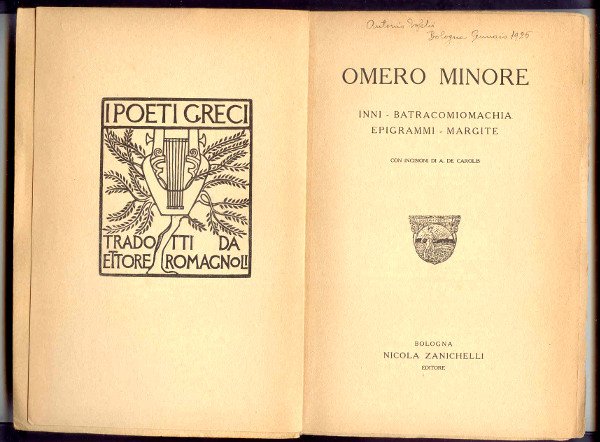 OMERO MINORE. INNI-BATRACOMIOMACHIA-EPIGRAMMI-MARGITE