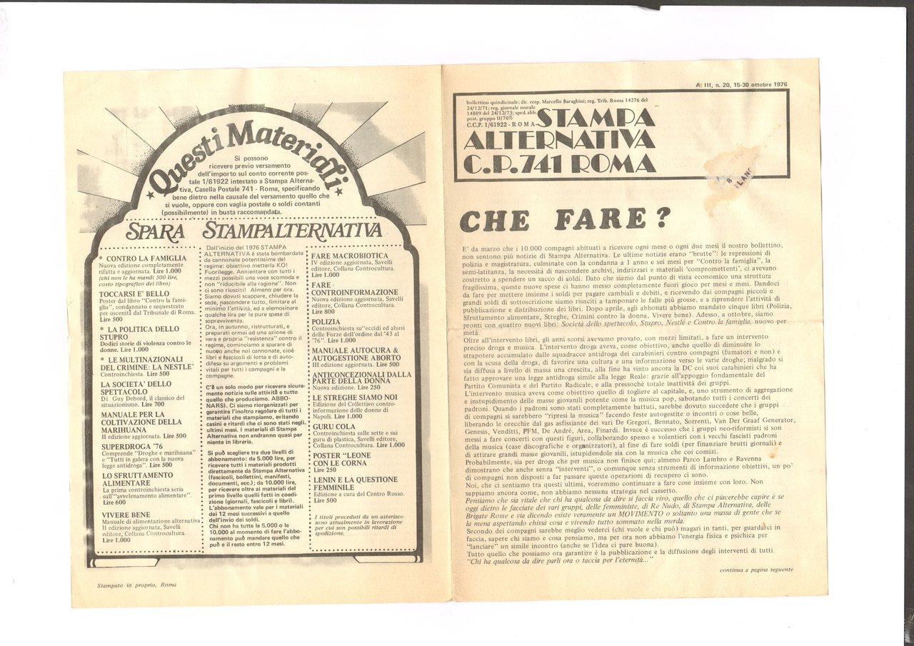 STAMPA ALTERNATIVA BOLLETTINO QUINDICINALE DI CONTROINFORMAZIONE ANNO III N.20 - …