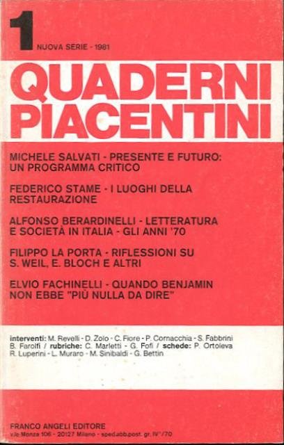 Quaderni piacentini. N. 1, nuova serie, 1981.