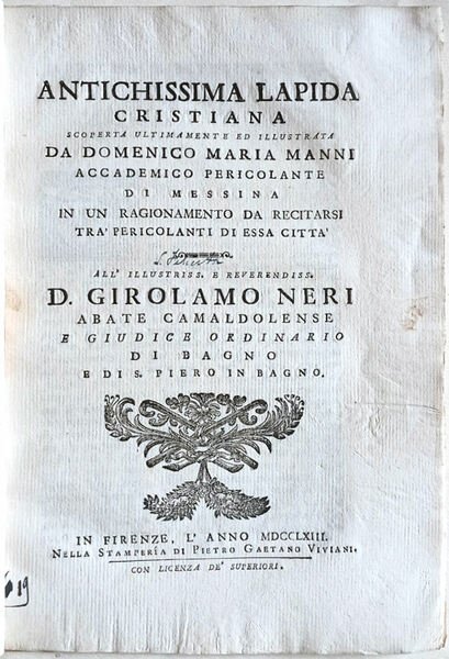 Antichissima lapida cristiana scoperta ultimamente ed illustrata da Domenico Maria …