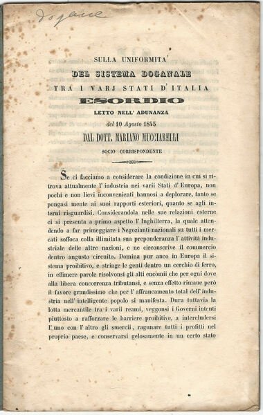 Sulla uniformità del sistema doganale tra i varj stati d'Italia. …