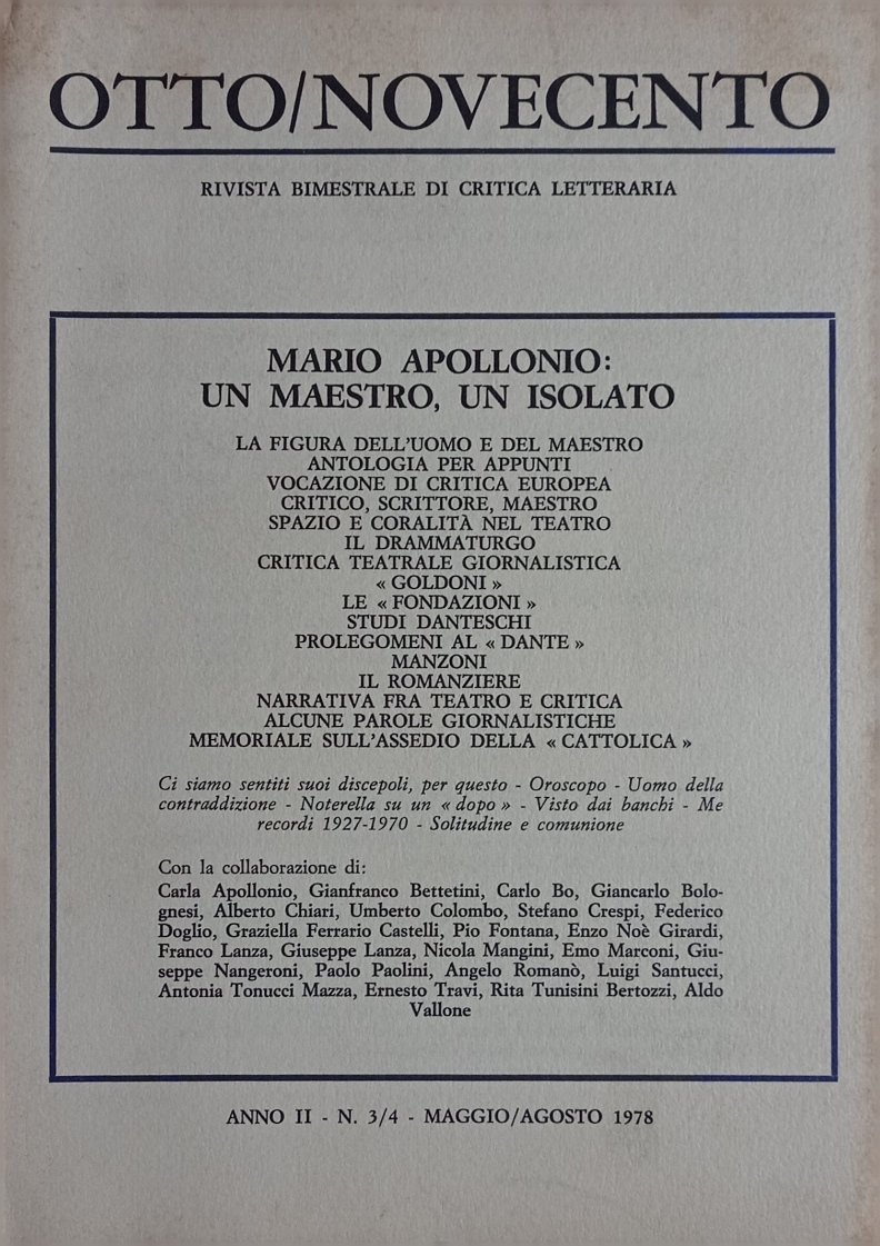 OTTO/NOVECENTO. Anno II - N. 3/4 - Maggio/agosto 1978.