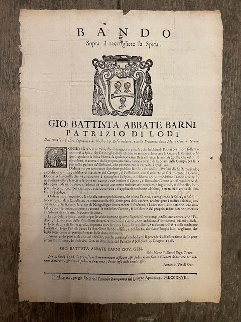 Bando sopra il raccogliere la Spica. Gio: Battista Abbate Barni …