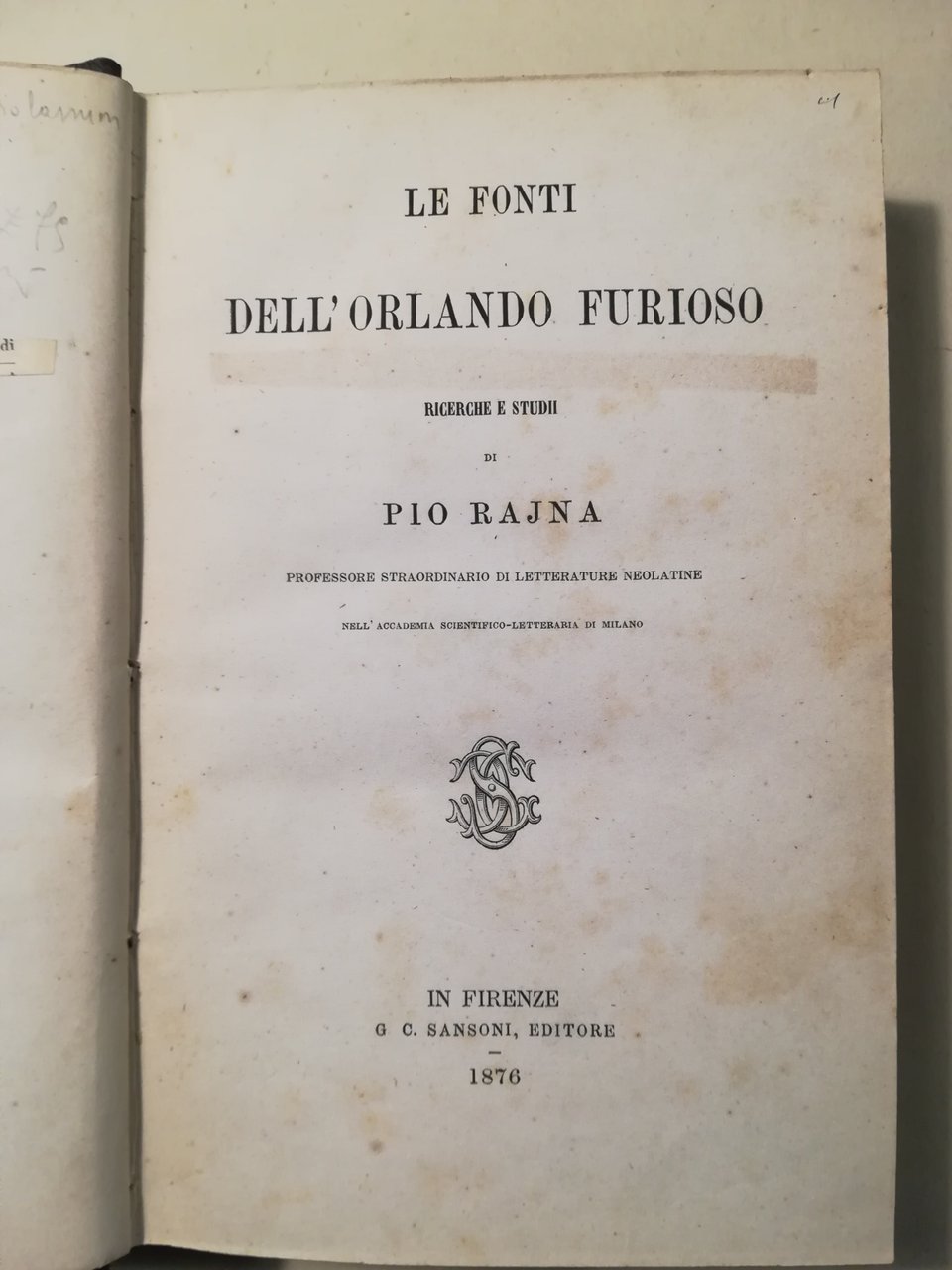 Le fonti dell'Orlando Furioso ricerche e studii | Immagine principale